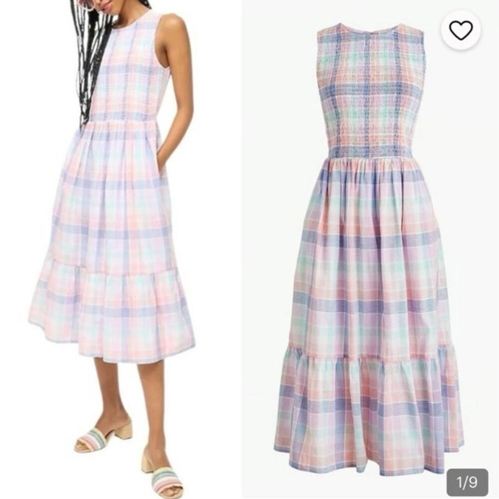 J.Crew Plaid Smocked Midi Dress Sleeveless Modest
